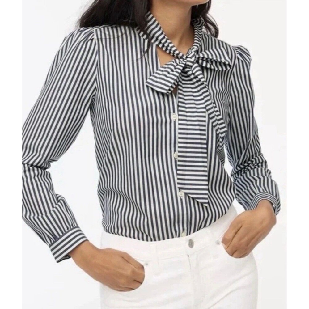 J.CREW Navy/White Striped Tie-Neck Bow Button-Up Preppy Blouse Long Sleeve XS